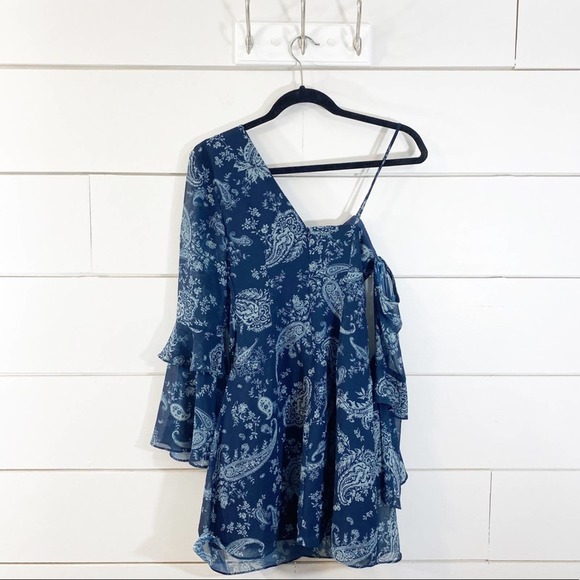 Keepsake The Label Mini Dress XXS Navy Blue Paisley Go With It One Shoulder - Picture 3 of 8